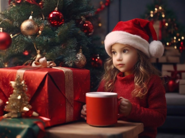 a little girl in a santa hat sits next to a christmas tree