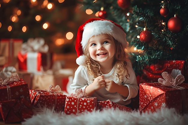 A little girl in a Santa hat smiles at the camera surrounded by wrapped gifts in front of a Christmas tree