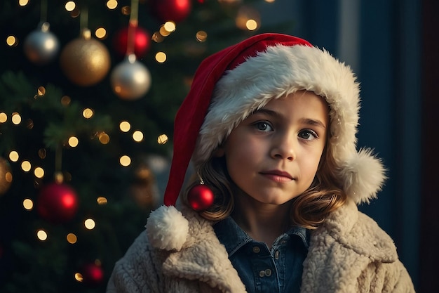 Photo a little girl in a santa hat stands in front of a christmas tree