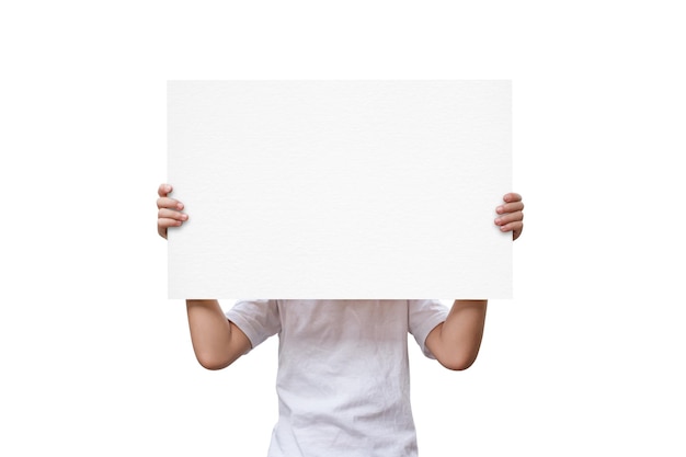 Little girl show white sheet of paper Isolated on white background with clipping path