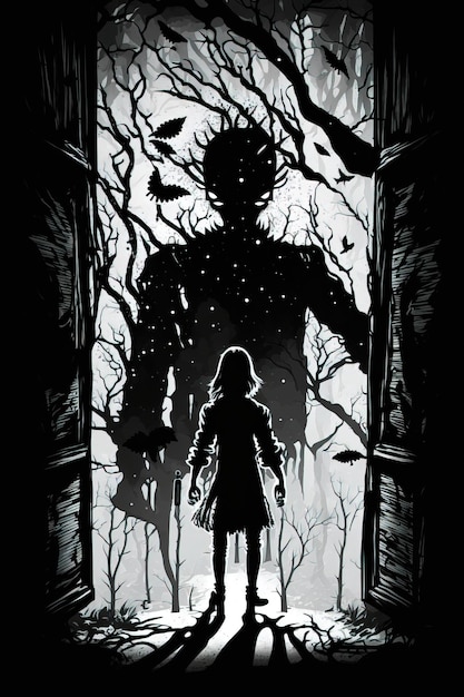 Little girl silhouette standing with a big scary monster in front of her horror and terrify