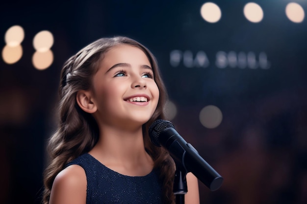 a little girl singing in front of a microphone with the word tea on it