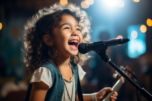 Little Girl singing on stage against a softly blurred backdrop of lights