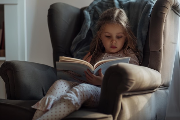 Little girl sits in a chair and reads a book Book Day