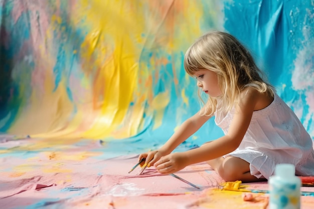 A little girl sits on a colorful background painting with a brush.