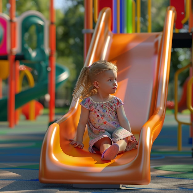 Little girl sits on a colorful slide at the playground and looks away