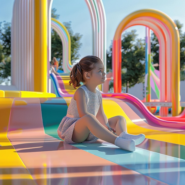 Little girl sits on a colorful slide at the playground and looks away