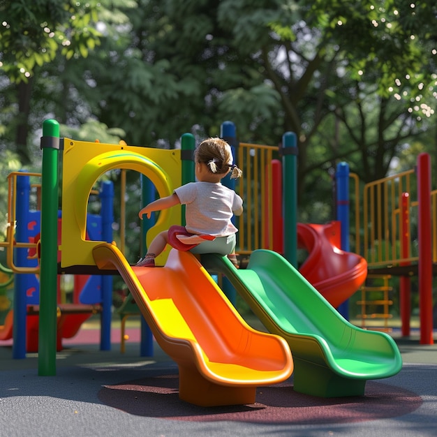 Little girl sits on a colorful slide at the playground and looks away