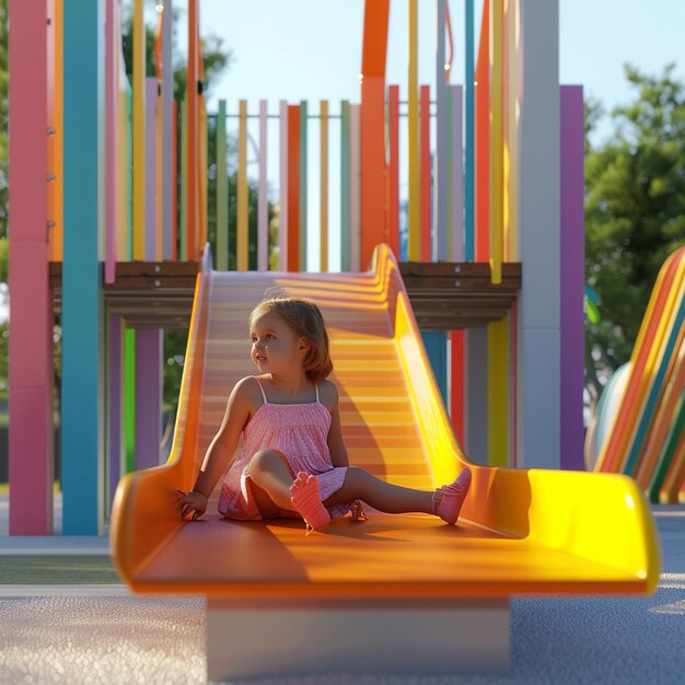 Photo little girl sits on a colorful slide at the playground and looks away