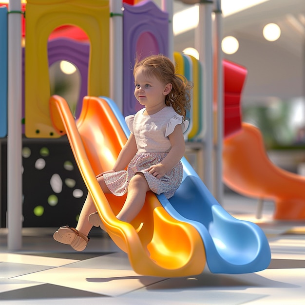 Photo little girl sits on a colorful slide at the playground and looks away