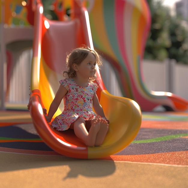 Photo little girl sits on a colorful slide at the playground and looks away