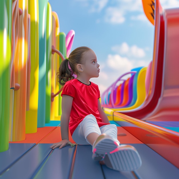 Little girl sits on a colorful slide at the playground and looks away