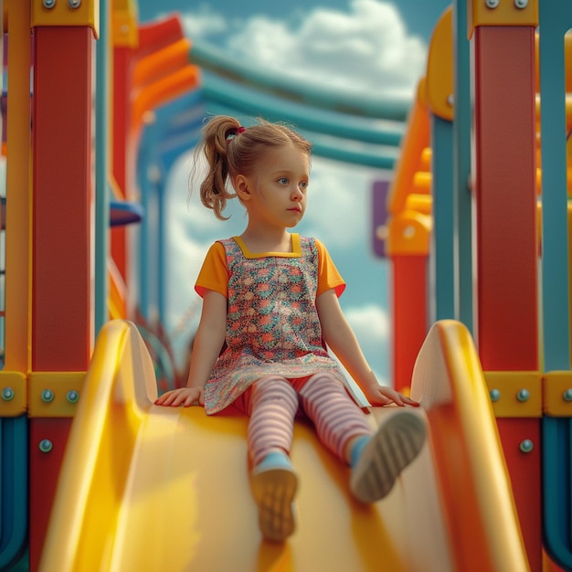 Little girl sits on a colorful slide at the playground and looks away