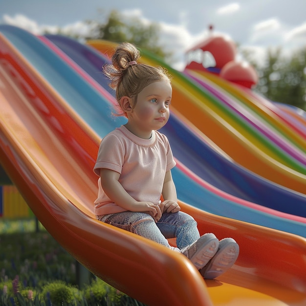 Little girl sits on a colorful slide at the playground and looks away