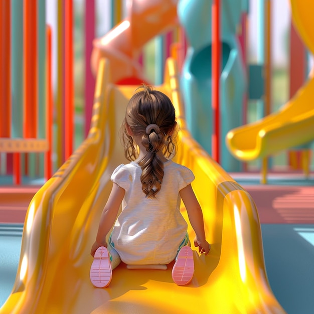 Little girl sits on a colorful slide at the playground and looks away