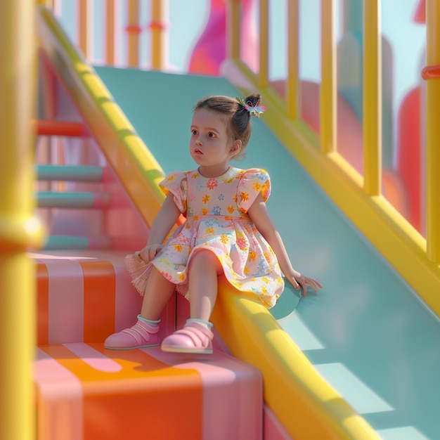 Little girl sits on a colorful slide at the playground and looks away