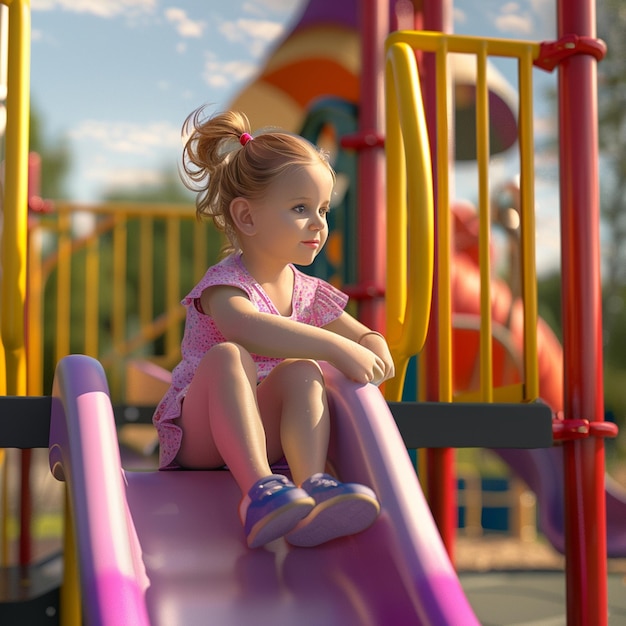 Little girl sits on a colorful slide at the playground and looks away