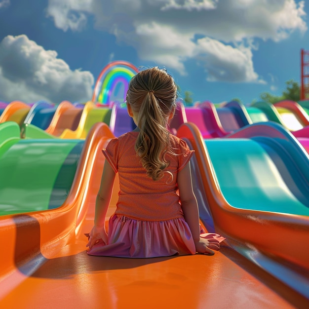 Little girl sits on a colorful slide at the playground and looks away