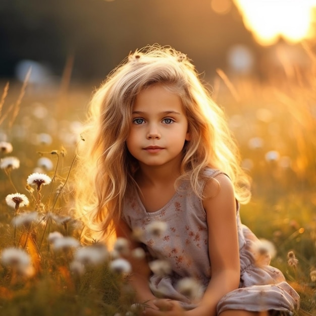 a little girl sits in a field of dandelions