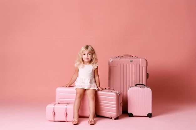 A little girl sits on pink suitcases.