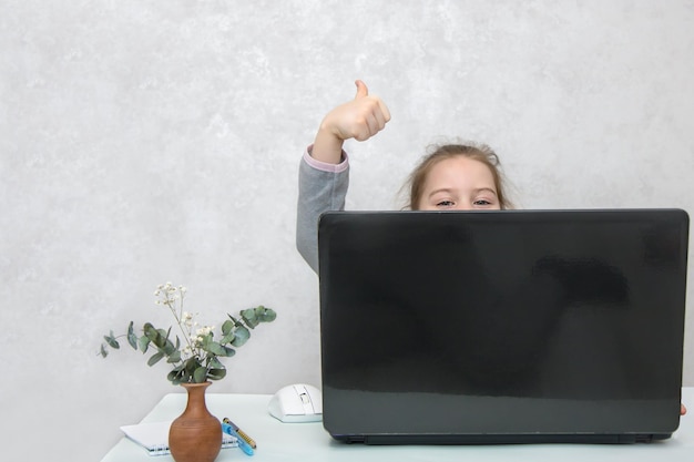 Little girl sits at a table peeking out from behind a laptop and shows like online learning