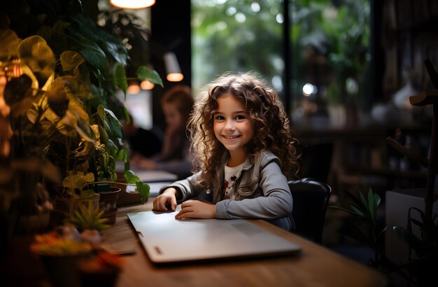 A little girl sits at a table with a laptop and a plant in the background.