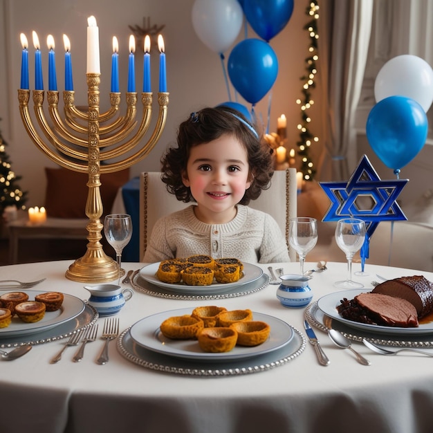 Photo a little girl sits at a table with a star - shaped candle in the middle of the table