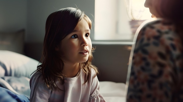 Little girl sitting on bed and talking to social worker about adoption and her livin Generative AI