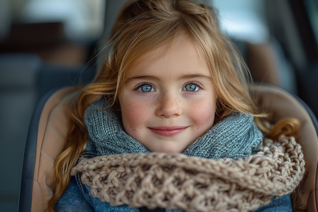 Little Girl Sitting in Car Seat With Scarf