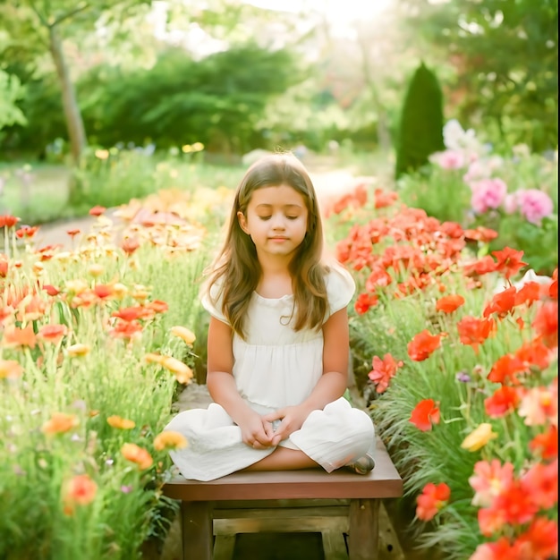 a little girl sitting in a garden with flowers and a benchAI GENERATED