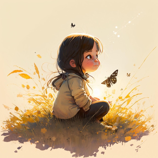 A little girl sitting on the grass surrounded by butterflies