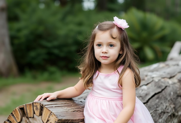 Photo a little girl sitting on a log with a pink flower on her head