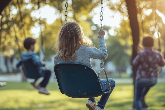 Photo a little girl sitting on a swing in a park