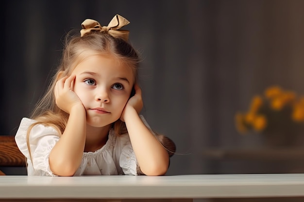 little girl sitting at the table and dreamy