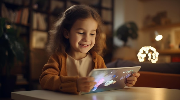 Little Girl Sitting at a Table Looking at a Tablet