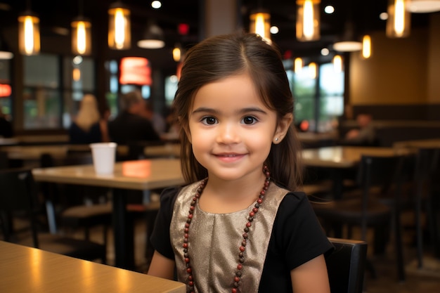 a little girl sitting at a table in a restaurant