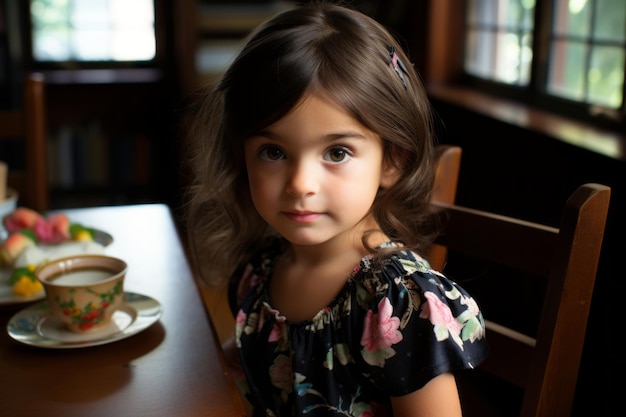 a little girl sitting at a table with a cup of tea