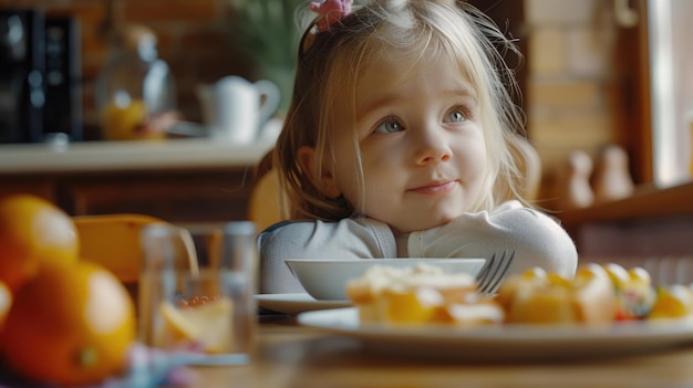 A little girl sitting at a table with a plate of food Suitable for family and food related concepts