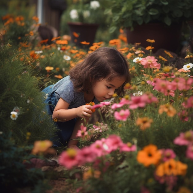 A little girl smelling flowers in a garden.