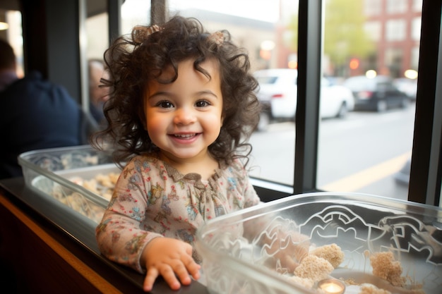 a little girl smiles as she sits in a window at a restaurant