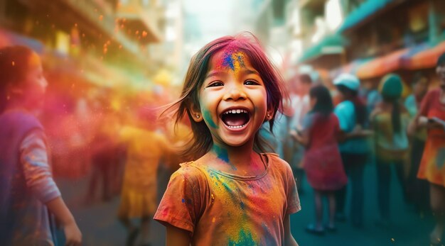 A little girl smiles in front of a crowd of people.