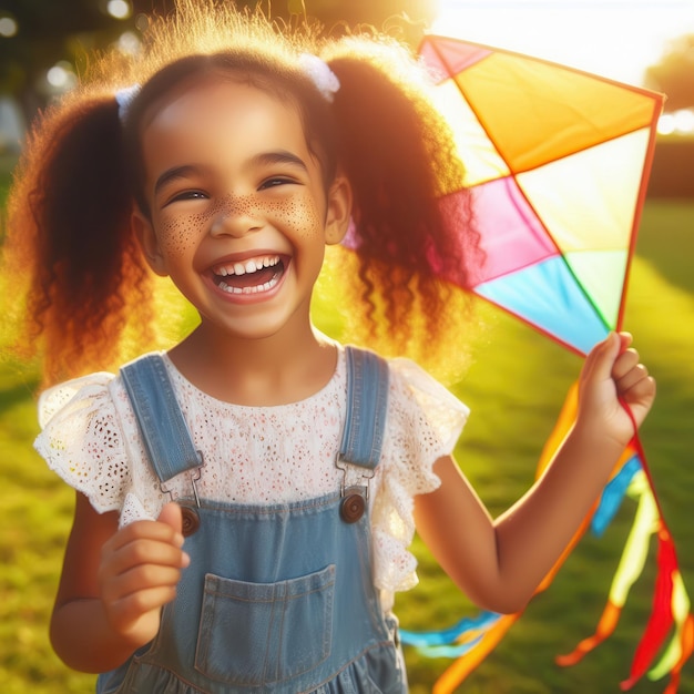 a little girl smiles and holds a kite with the sun behind her