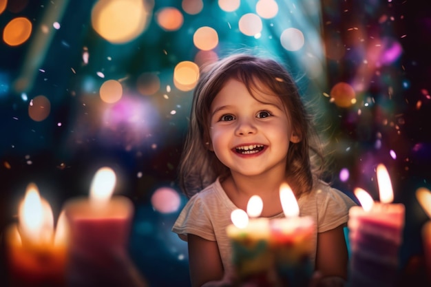 A little girl smiles with candles in the background