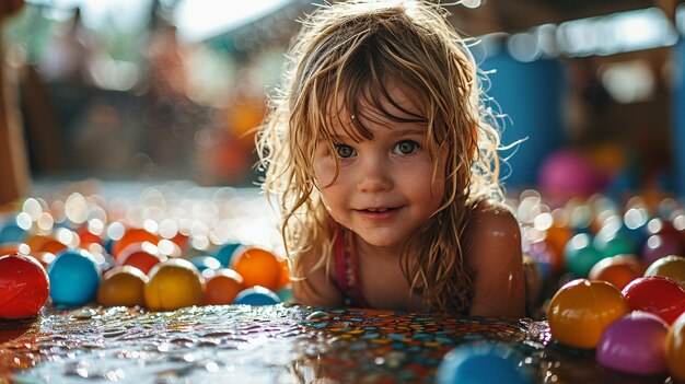 Little girl smiling in ball pit