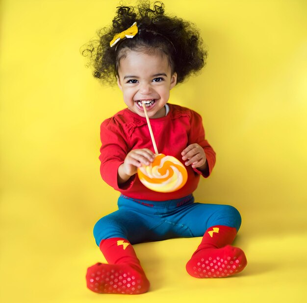 Little Girl Smiling and Eating lollipop with Yellow Background