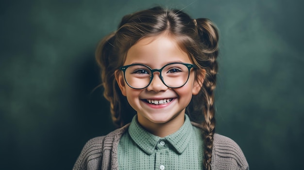 Little girl smiling while standing in against a school blackboardCreated with Generative AI technology