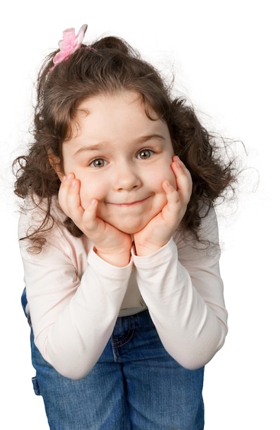 Little Girl Smiling with Hands on Chin, Isolated on Transparent Background