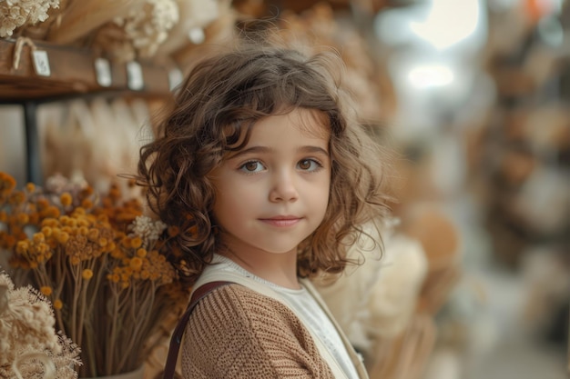 Little Girl Standing Next to Flowers