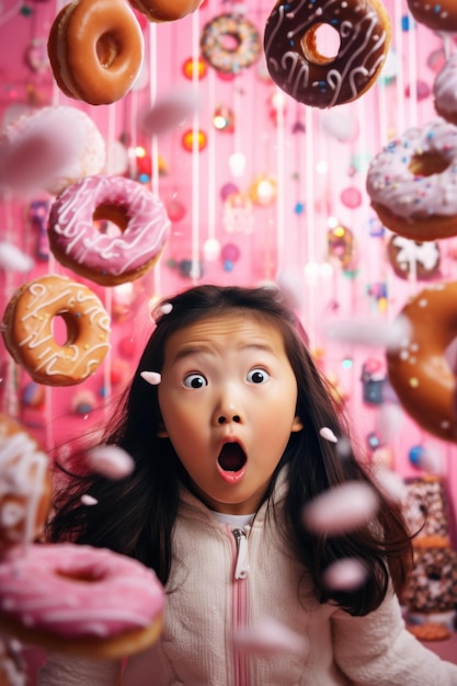 Little Girl Standing in Front of a Bunch of Donuts