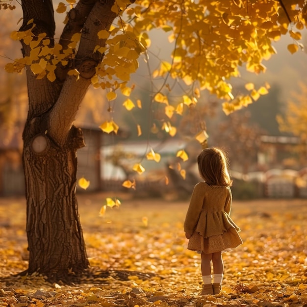 Little girl standing under a golden ginkgo tree in autumn mesmerized by falling leaves Concept of childhood nature and the beauty of fall